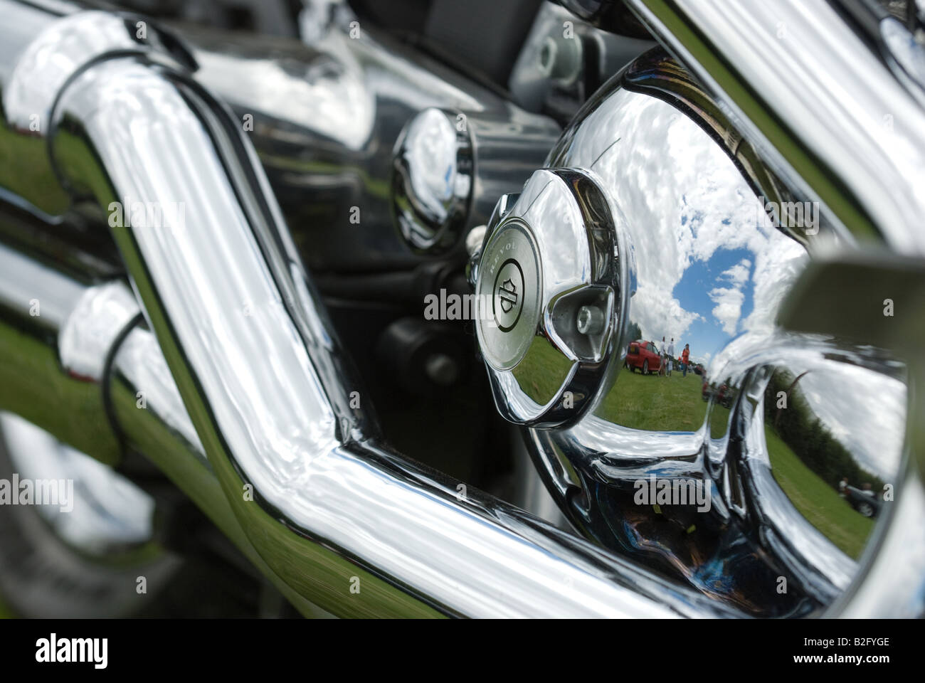 polished chrome engine parts on Harley Davidson motorcycle Stock Photo