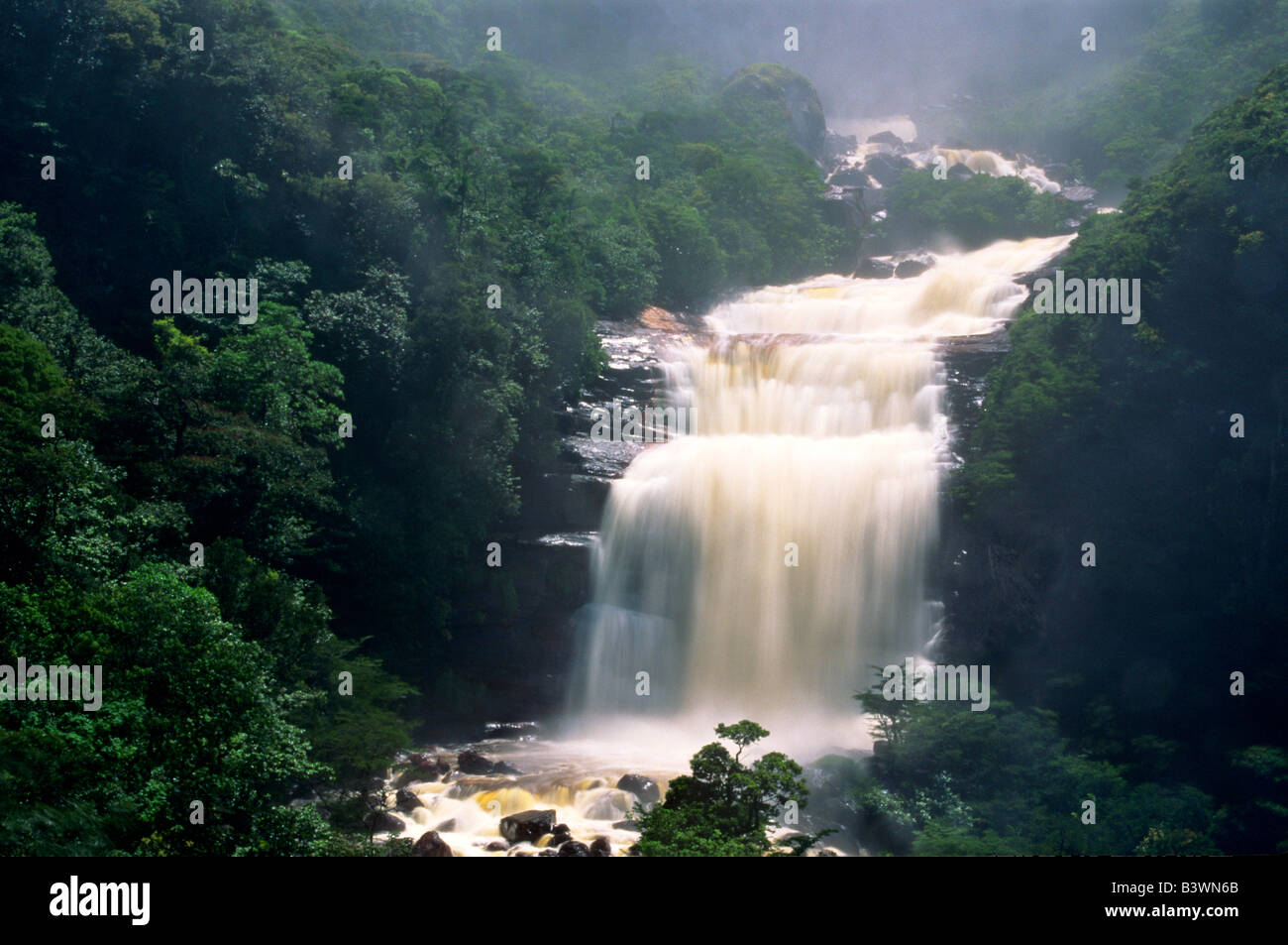 South America, Venezuela, Canaima National Park, Angel Falls. View of the base of the falls. Stock Photo