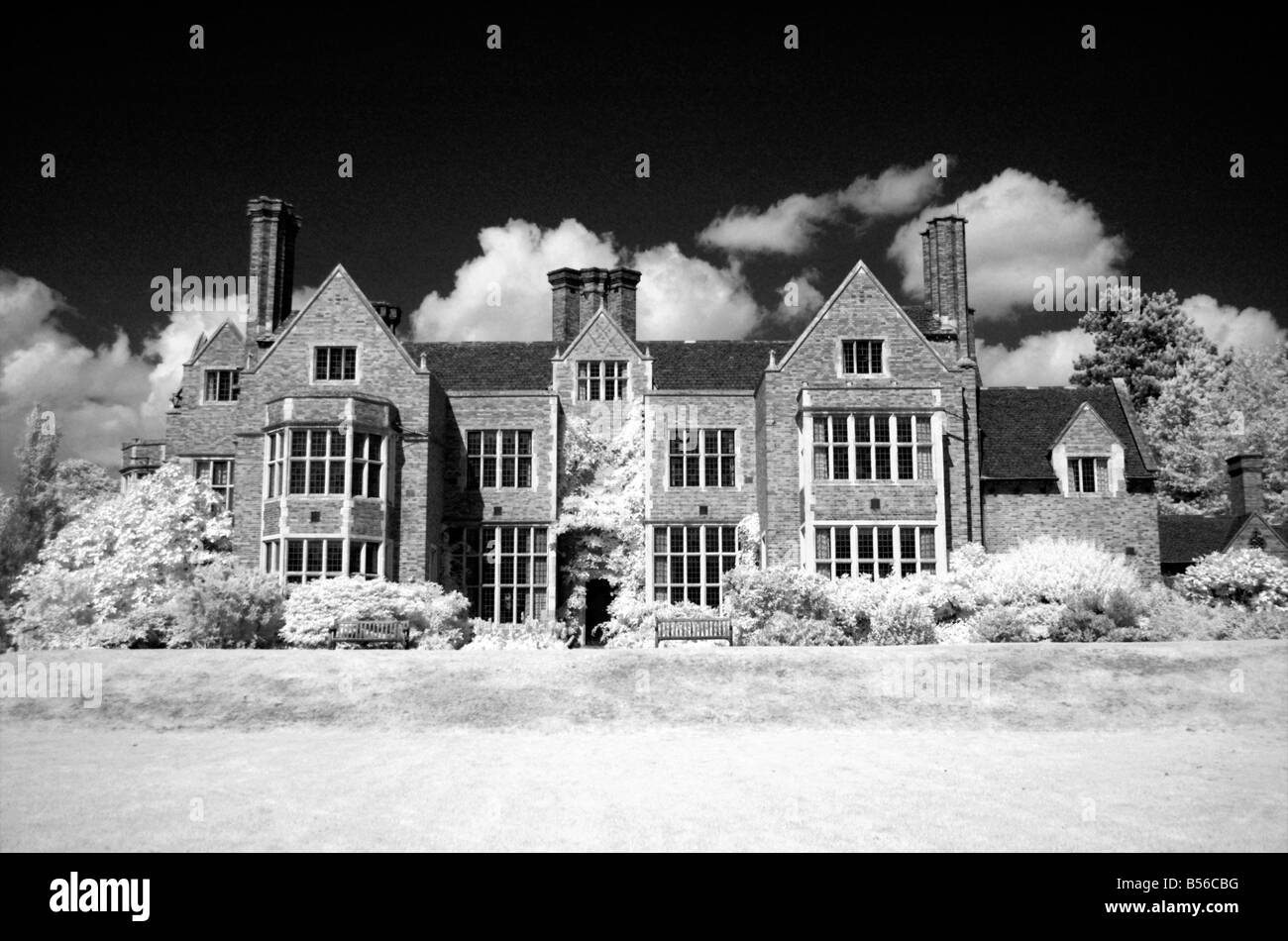 The Knoll Building, University of Leicester Botanic Gardens, black and white infrared Stock Photo