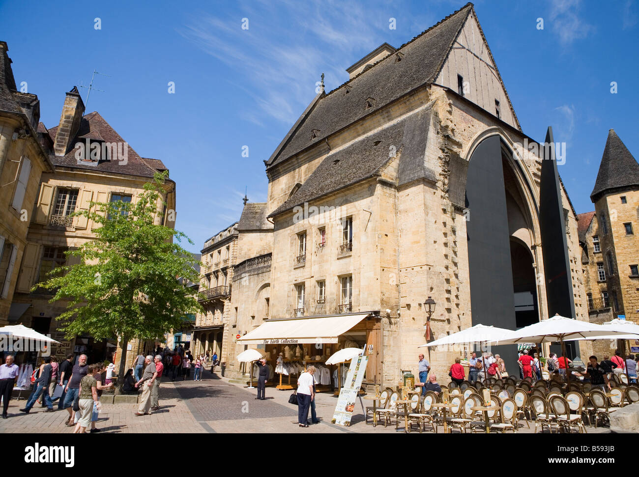 Place de la Liberte and Eglise Ste Marie a church converted into a covered market in the Dordogne town of Sarlat la Caneda Stock Photo