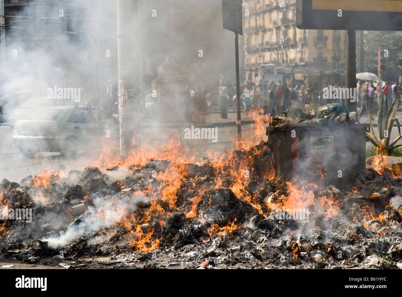 Household garbage catches fire in the summer heat, sometimes spontaneously, Naples, Campania, Italy, Europe Stock Photo