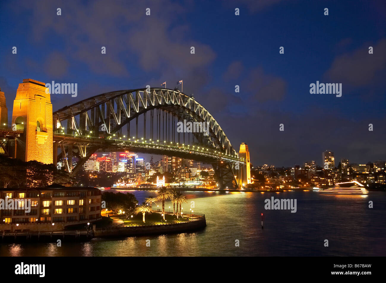 Sydney Harbour Bridge and Park Hyatt Sydney Hotel at Night Sydney New South Wales Australia Stock Photo