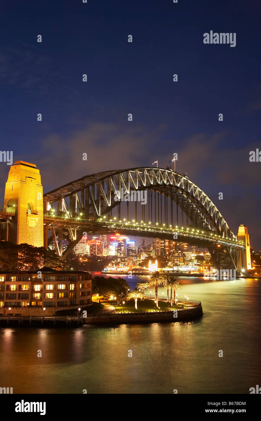 Sydney Harbour Bridge and Park Hyatt Sydney Hotel at Night Sydney New South Wales Australia Stock Photo