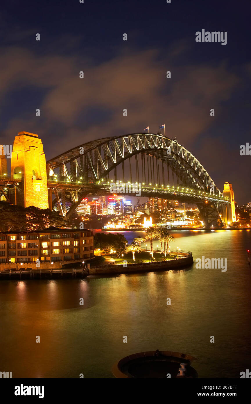 Sydney Harbour Bridge and Park Hyatt Sydney Hotel at Night Sydney New South Wales Australia Stock Photo