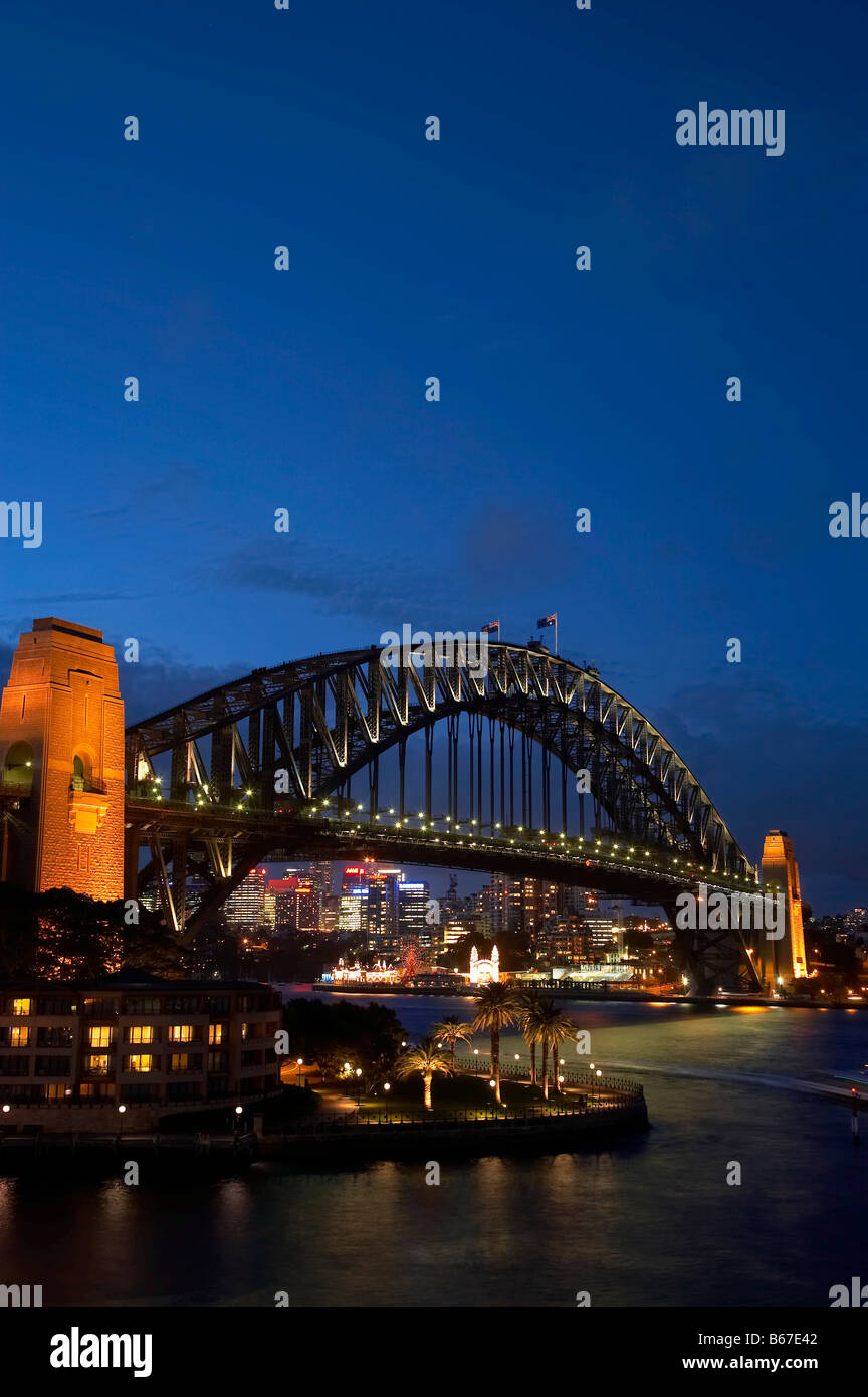 Sydney Harbour Bridge and Park Hyatt Sydney Hotel at Night Sydney New South Wales Australia Stock Photo