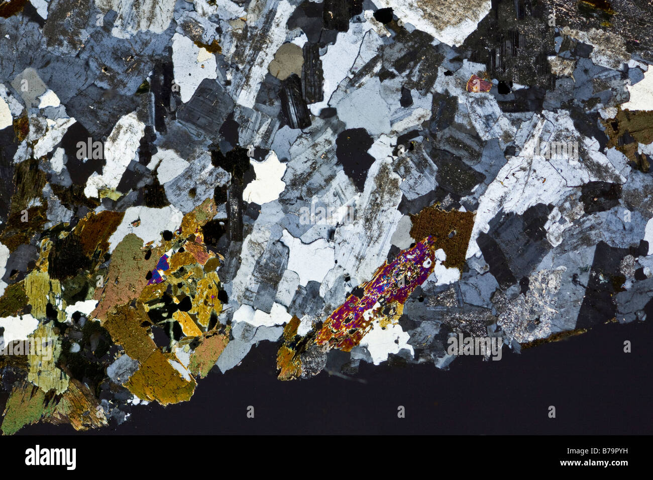 Photomicrograph of a Hornblende Granite slide section, cross polarized lighting Stock Photo