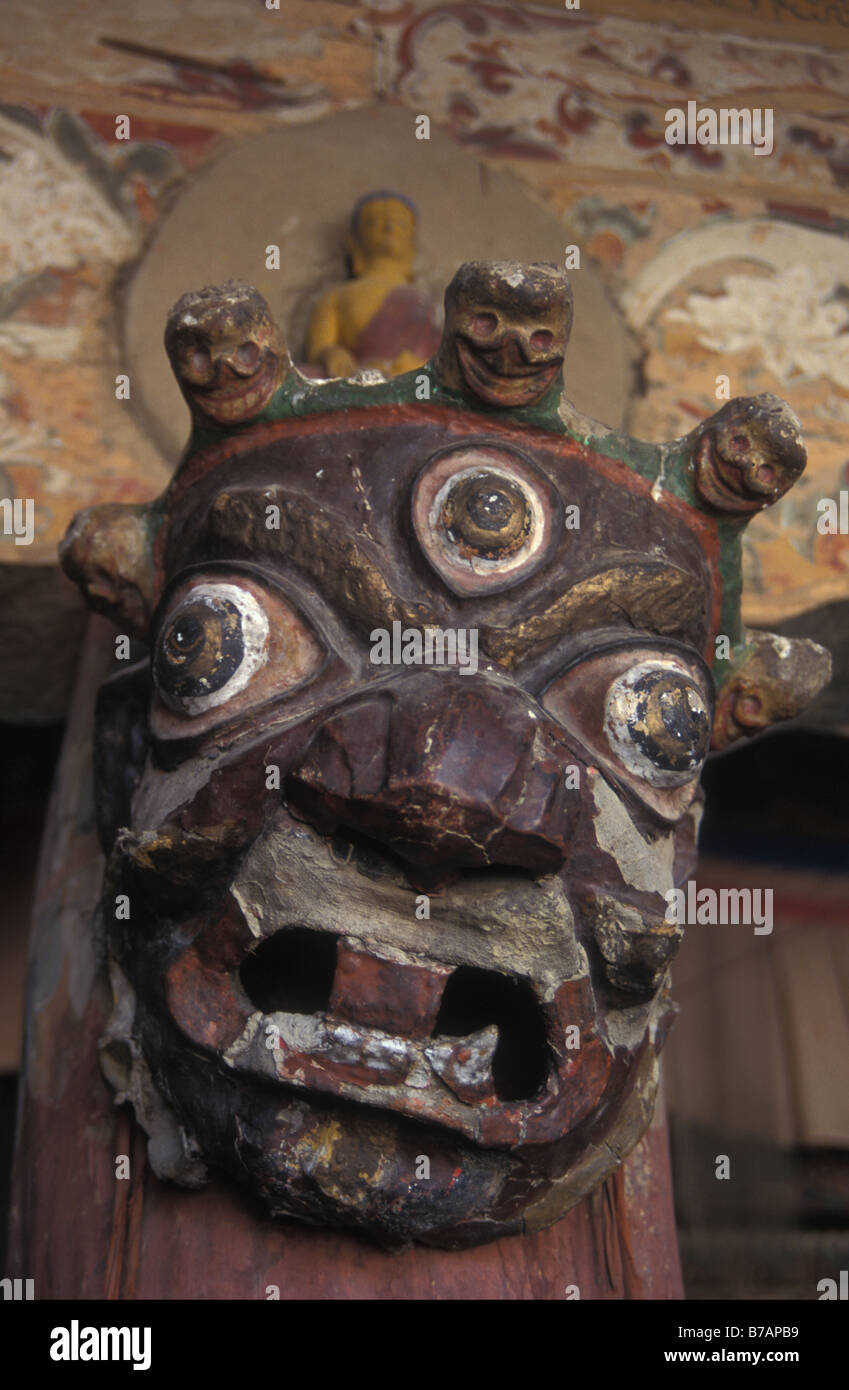 Mahakala deity mask used in traditional cham dances of Tibetan Mahayana Buddhism Tikse gompa Ladakh Jammu and Kashmir India Stock Photo