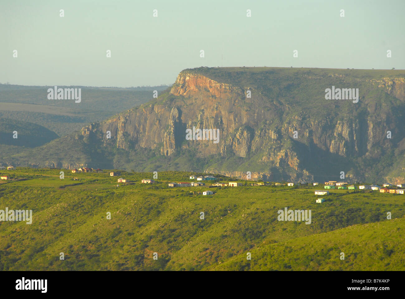 Traditional Xhosa huts on the Transkei hills near the Kei River, Eastern Cape, South Africa. Mr Nelson Mandela lives close bye. Stock Photo