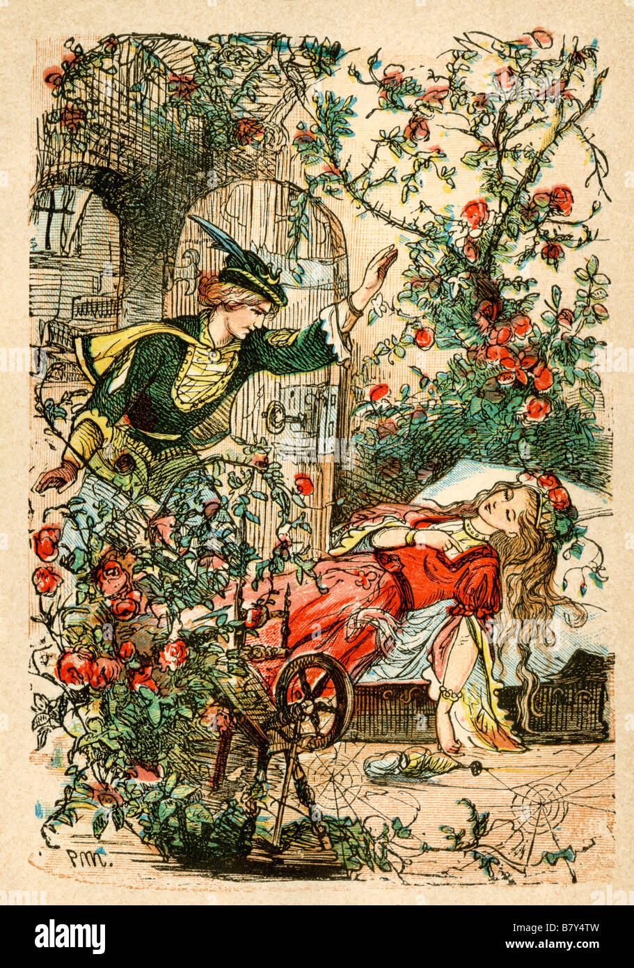 Sleeping Beauty from a Berlin edition of Grimms Fairy Tales 1865. Hand-colored woodcut illustration Stock Photo