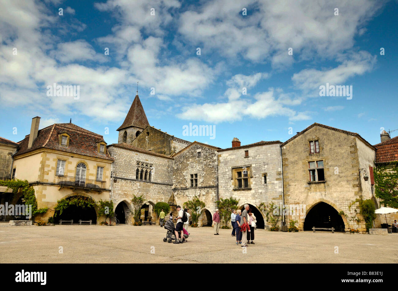 A typical French market square in Dordogne. Stock Photo