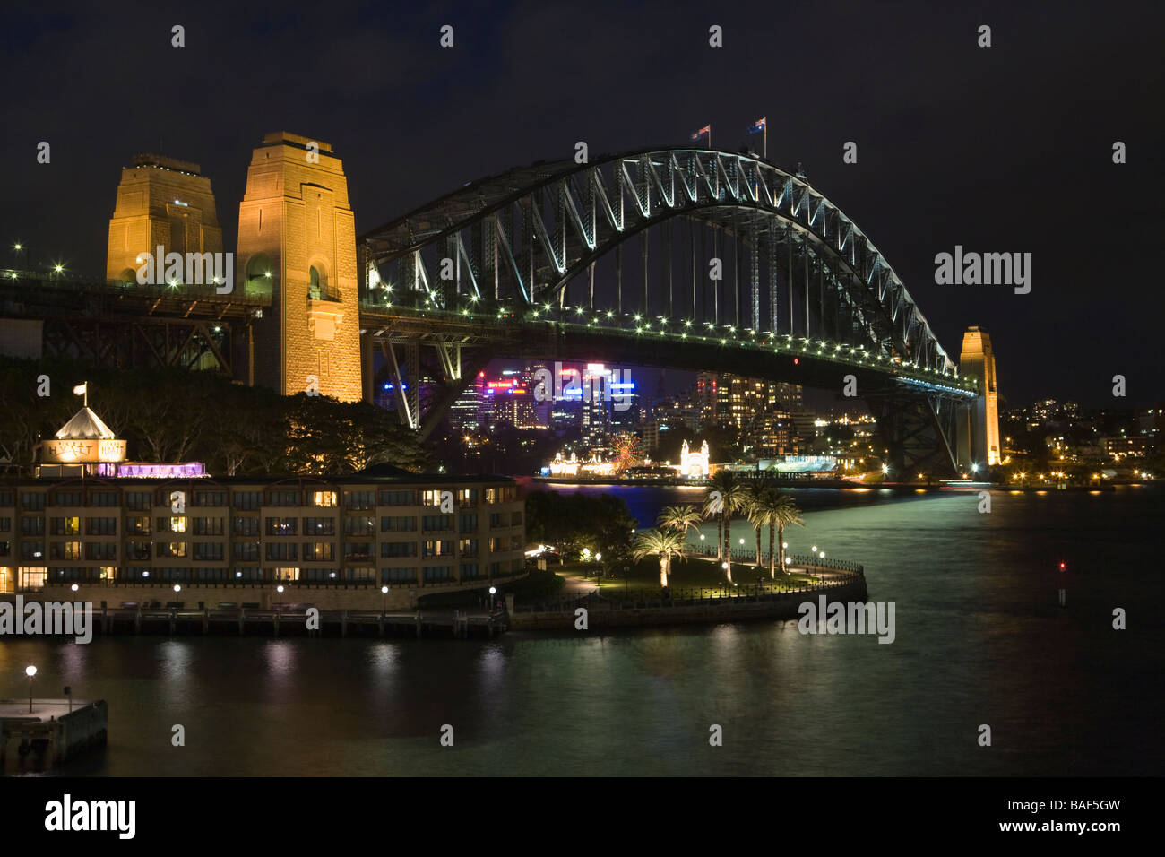 Sydney harbour bridge at dusk, Campbells Cove, Sydney, New South Wales, Australia Stock Photo