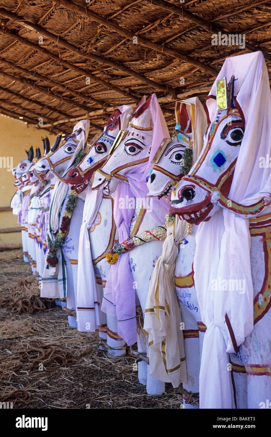 India, Tamil Nadu State, Chettinad Region, Palaiyur, protector god of fields and villages, clay horses dedicated to ayanar Stock Photo