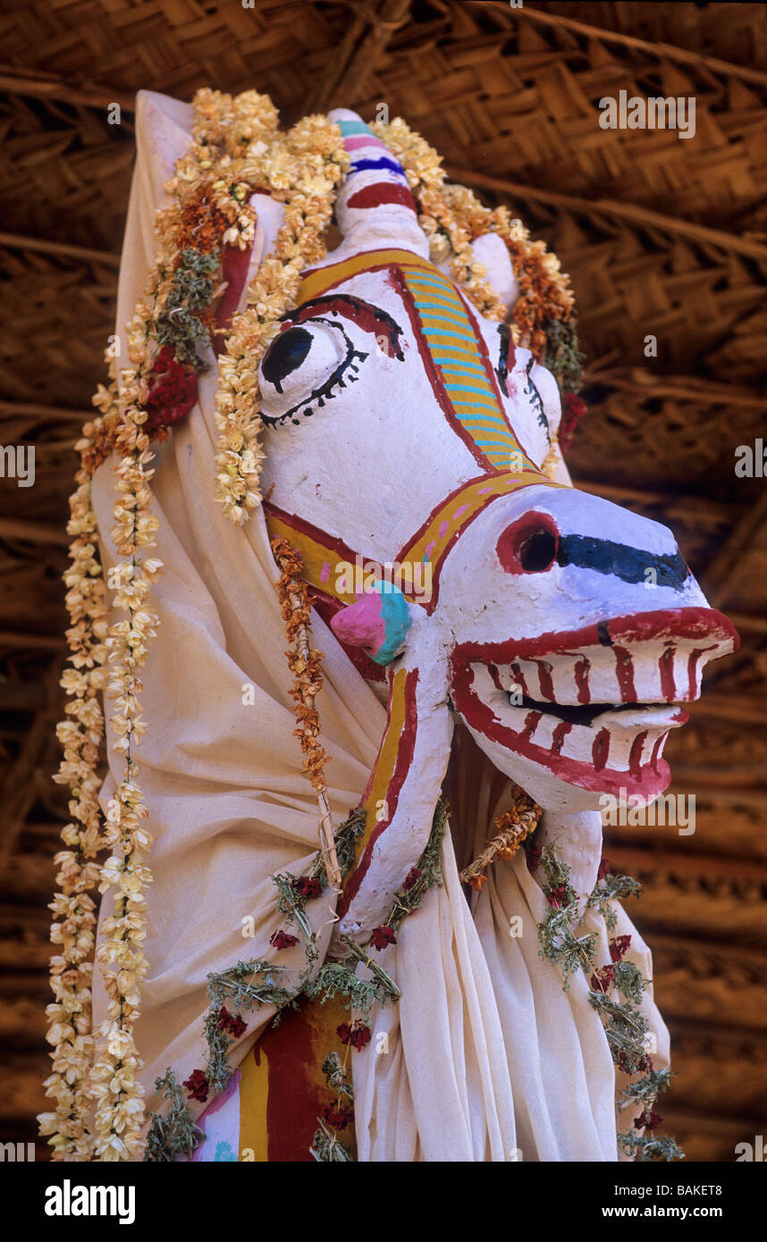 India, Tamil Nadu State, Chettinad Region, Palaiyur, protector god of fields and villages, clay horses dedicated to ayanar Stock Photo