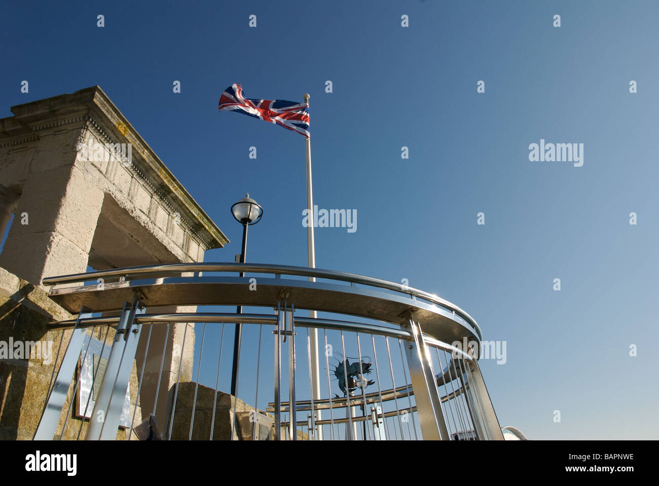 Mayflower Steps and Union Jack flag, Barbican, Plymouth, Devon, UK Stock Photo