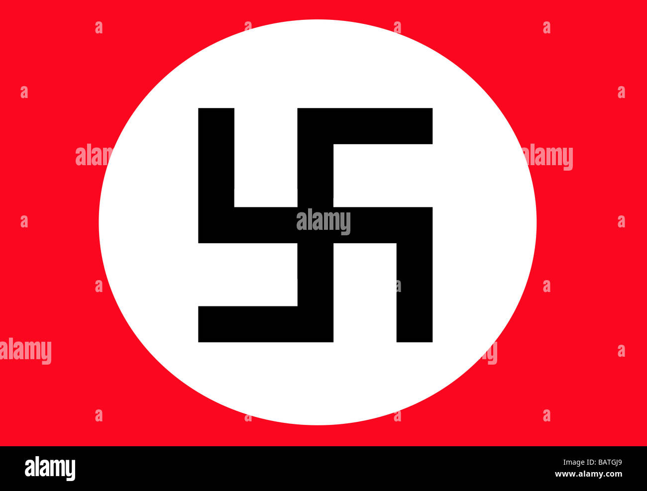 Illustration of black Swastika in white circle on red background Stock Photo