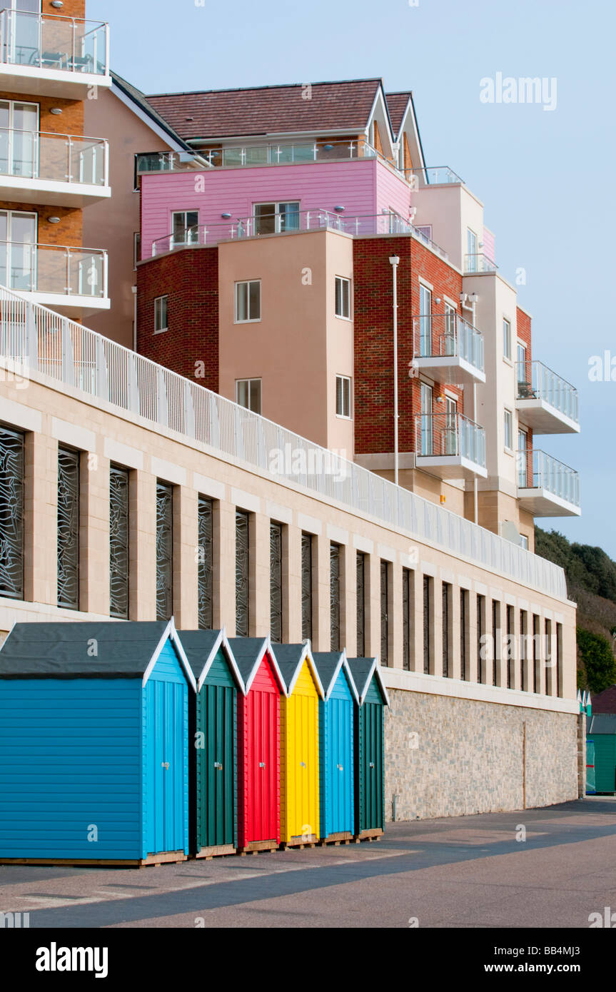 New colourful beach huts on Boscombe beach promenade Stock Photo