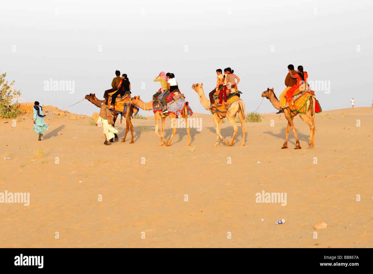 Camel ride upon India's longest sand dunes, in Sam, Rajasthan, North India, Asia Stock Photo