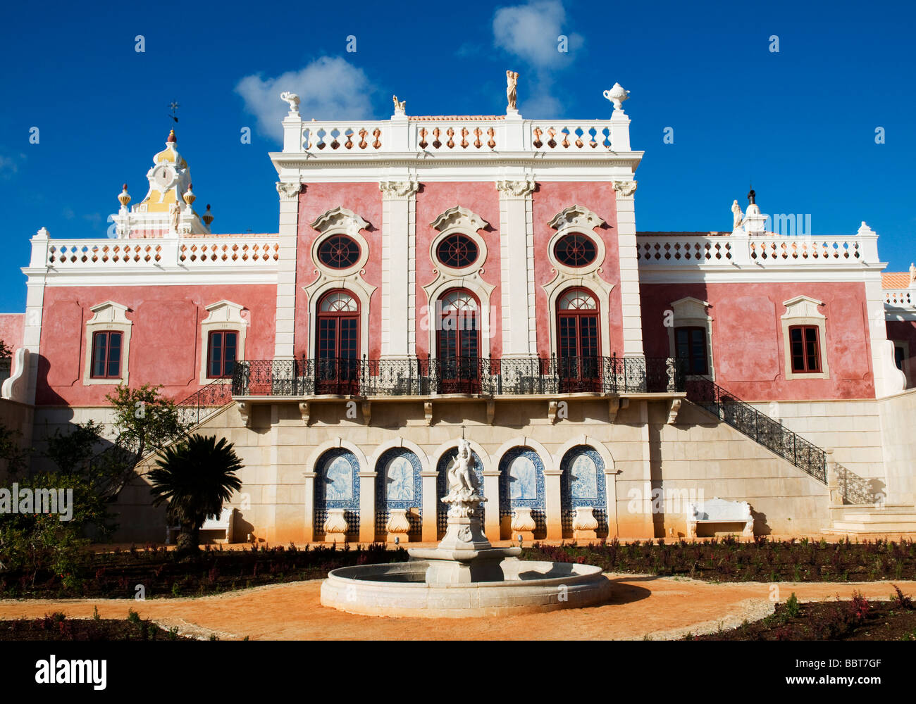 The exterior of the restored Estoi Palace, in the Algarve, Portugal. The building is now an upmarket hotel, the Pousada de Estoi Stock Photo