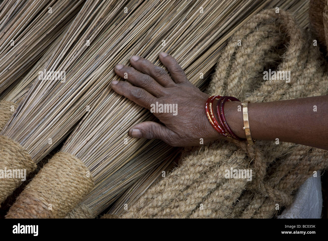 Handmade bamboo brooms. Stock Photo