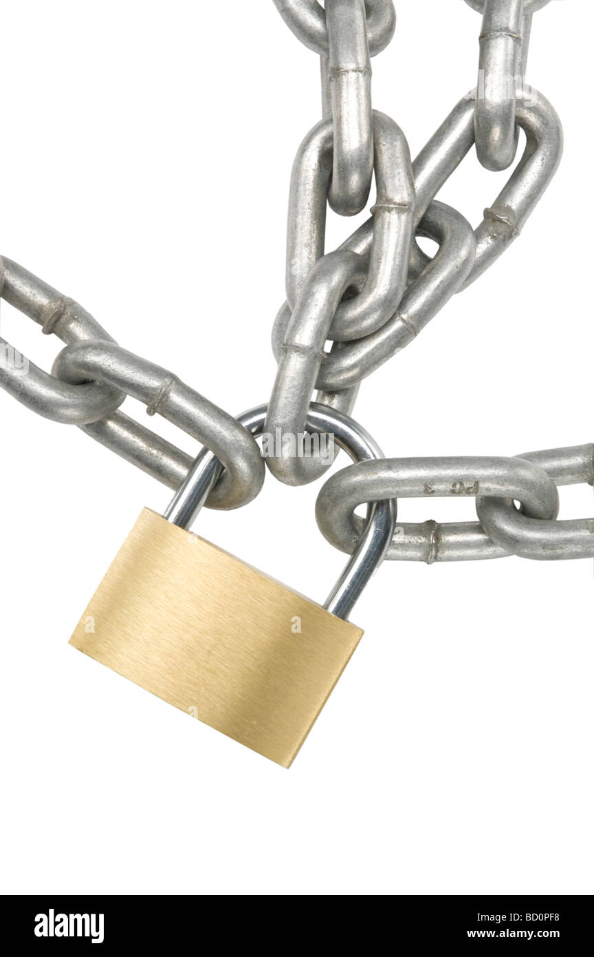 Metal chain held together by brass padlock Stock Photo