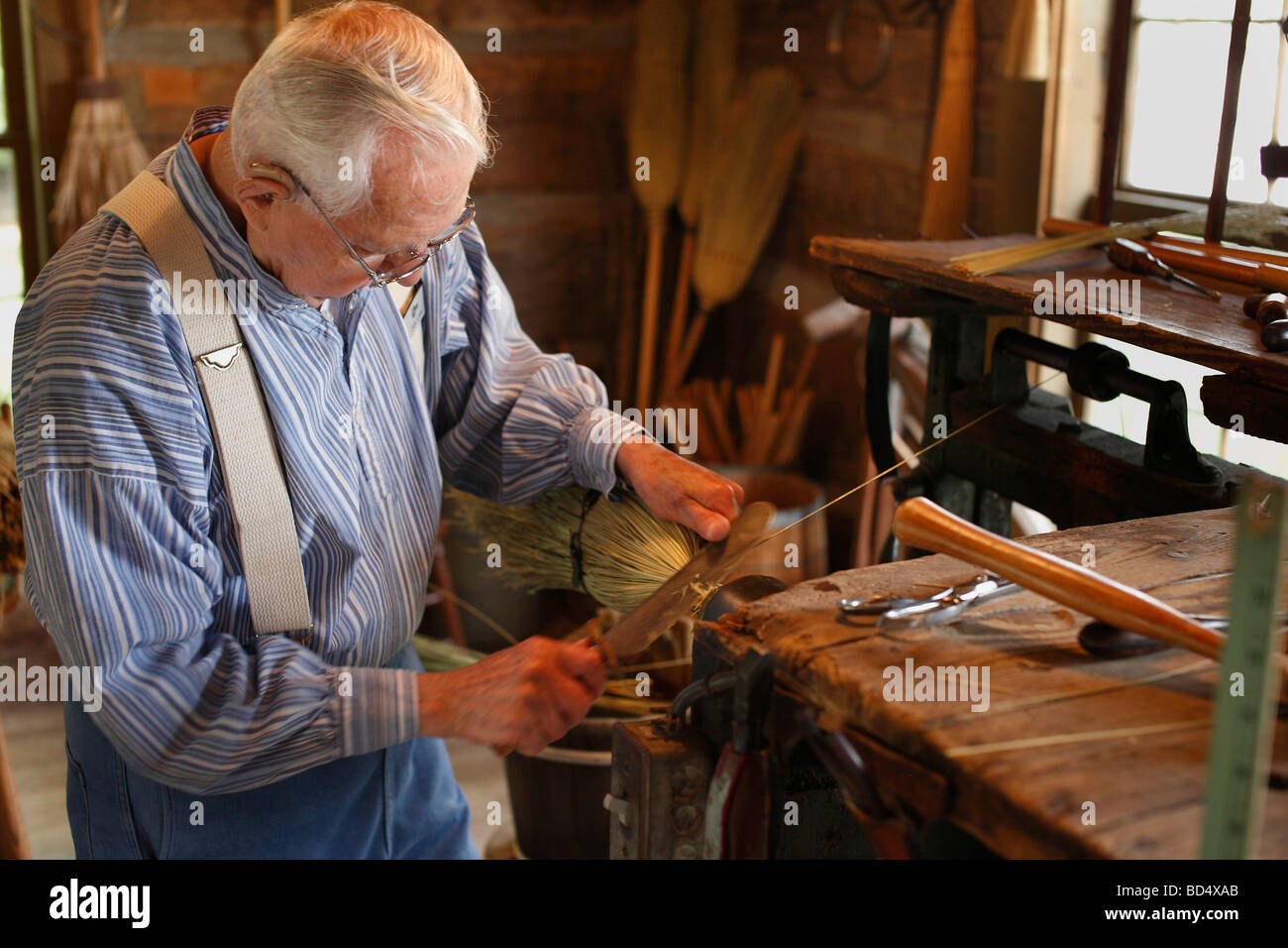 Broom Shop brooms craft crafting handmade making Sauder Village craft crafting Ohio park American USA Stock Photo