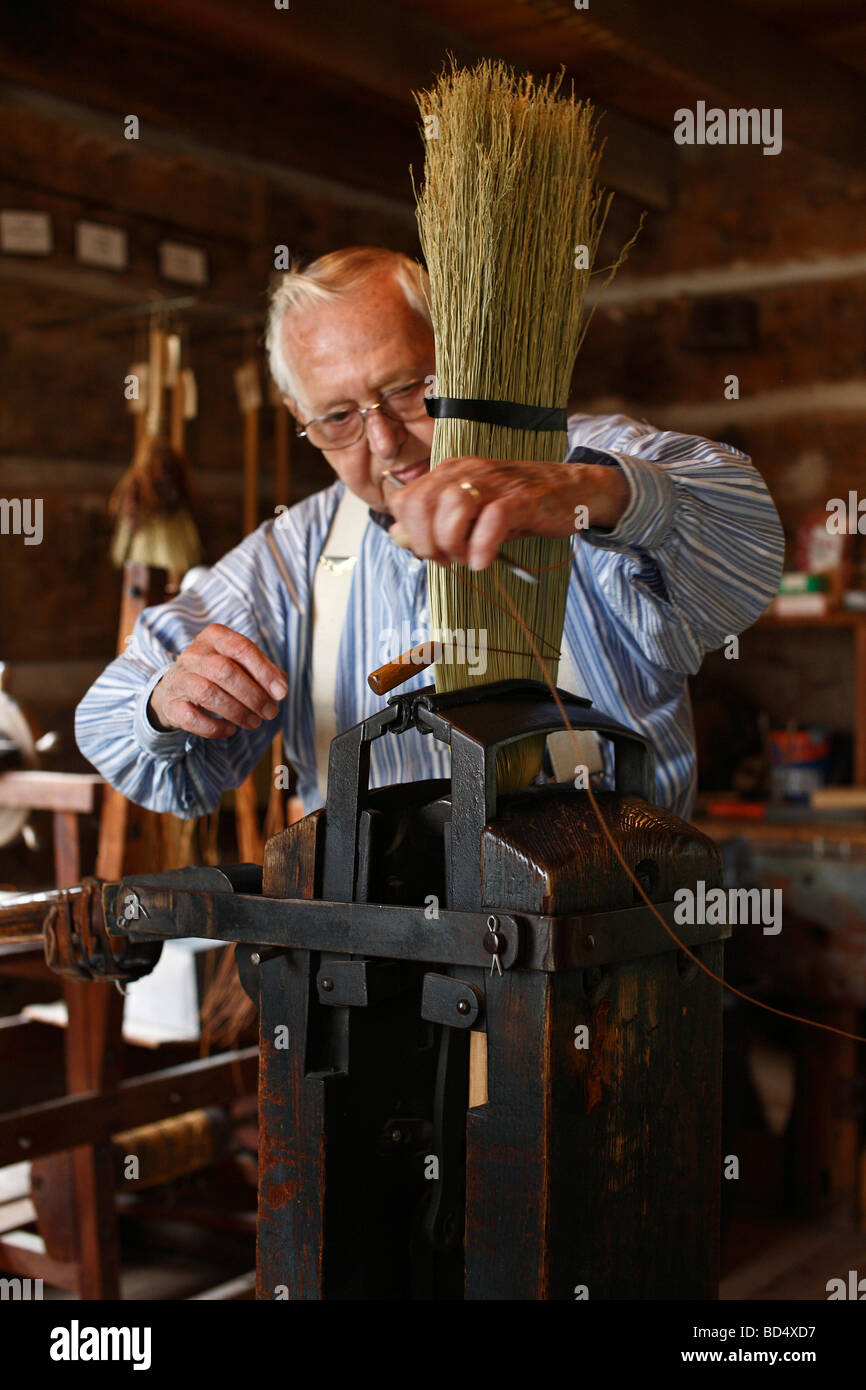 Broom Shop brooms craft crafting handmade making Sauder Village craft crafting Ohio park American USA Stock Photo