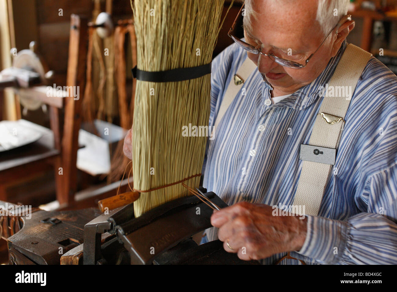 Broom Shop brooms craft crafting handmade making Sauder Village craft crafting Ohio park American USA Stock Photo