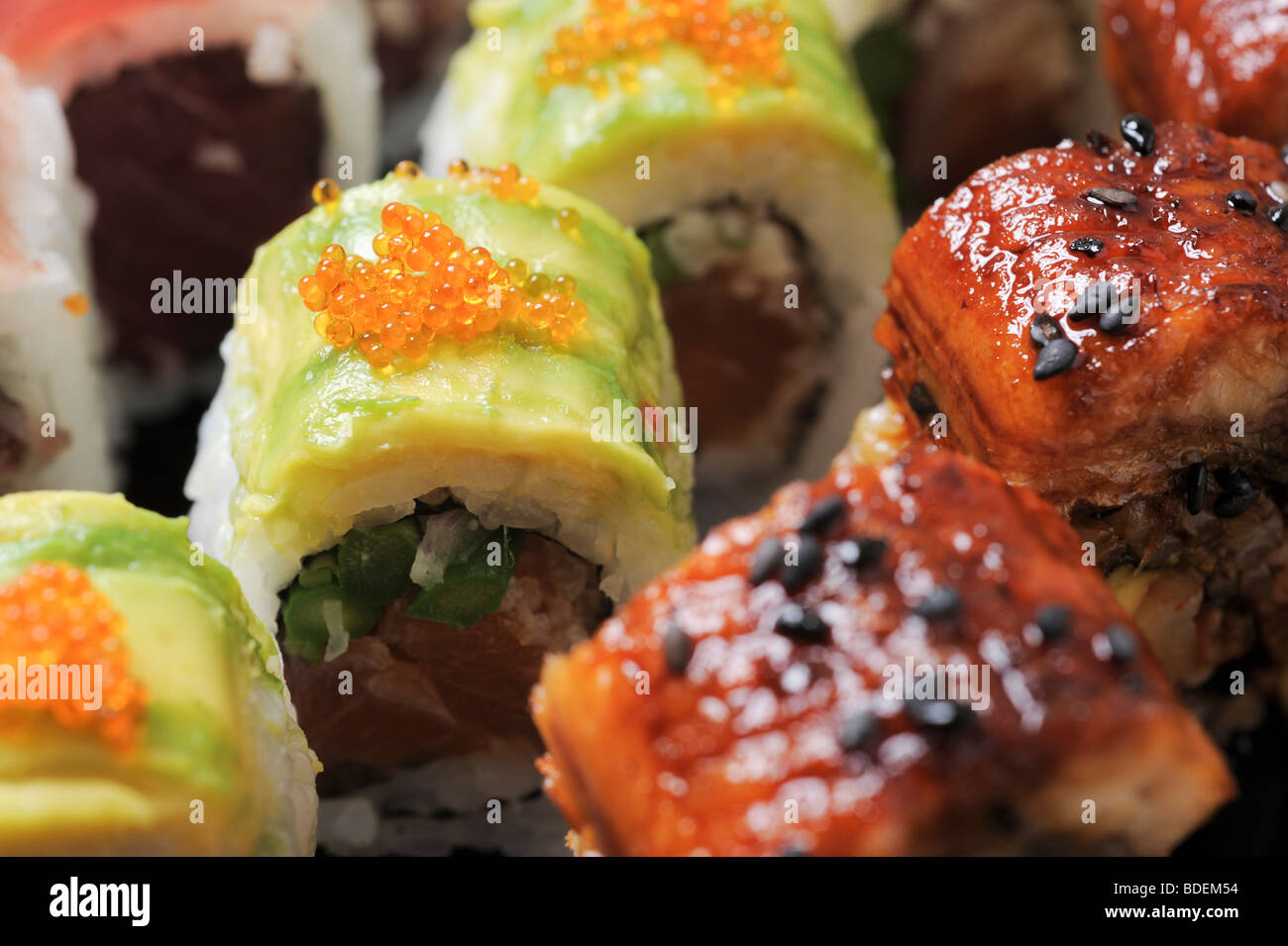 An assortment of Sushi and Sashimi Stock Photo