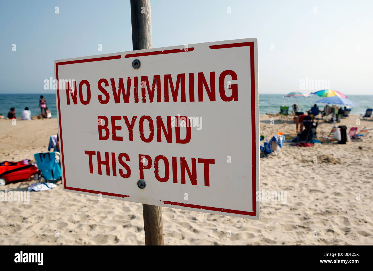 Beach warning, Montauk, Long Island, New York Stock Photo