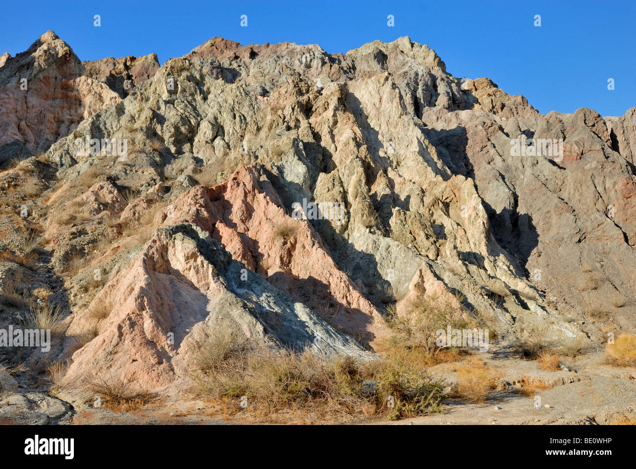 Multicolored rock formations, Painted Canyon, Mecca Hills, Indio, Southern California, USA Stock Photo