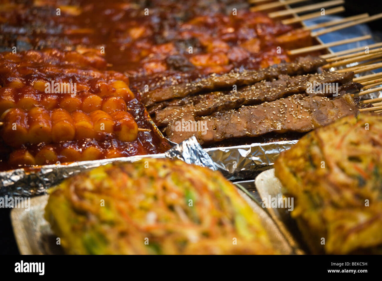 Street food in Myongdong Market in Seoul South Korea Stock Photo