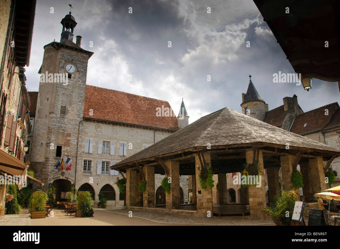 Market square in Martel , medieval village in Dordogne, Perigord. Stock Photo