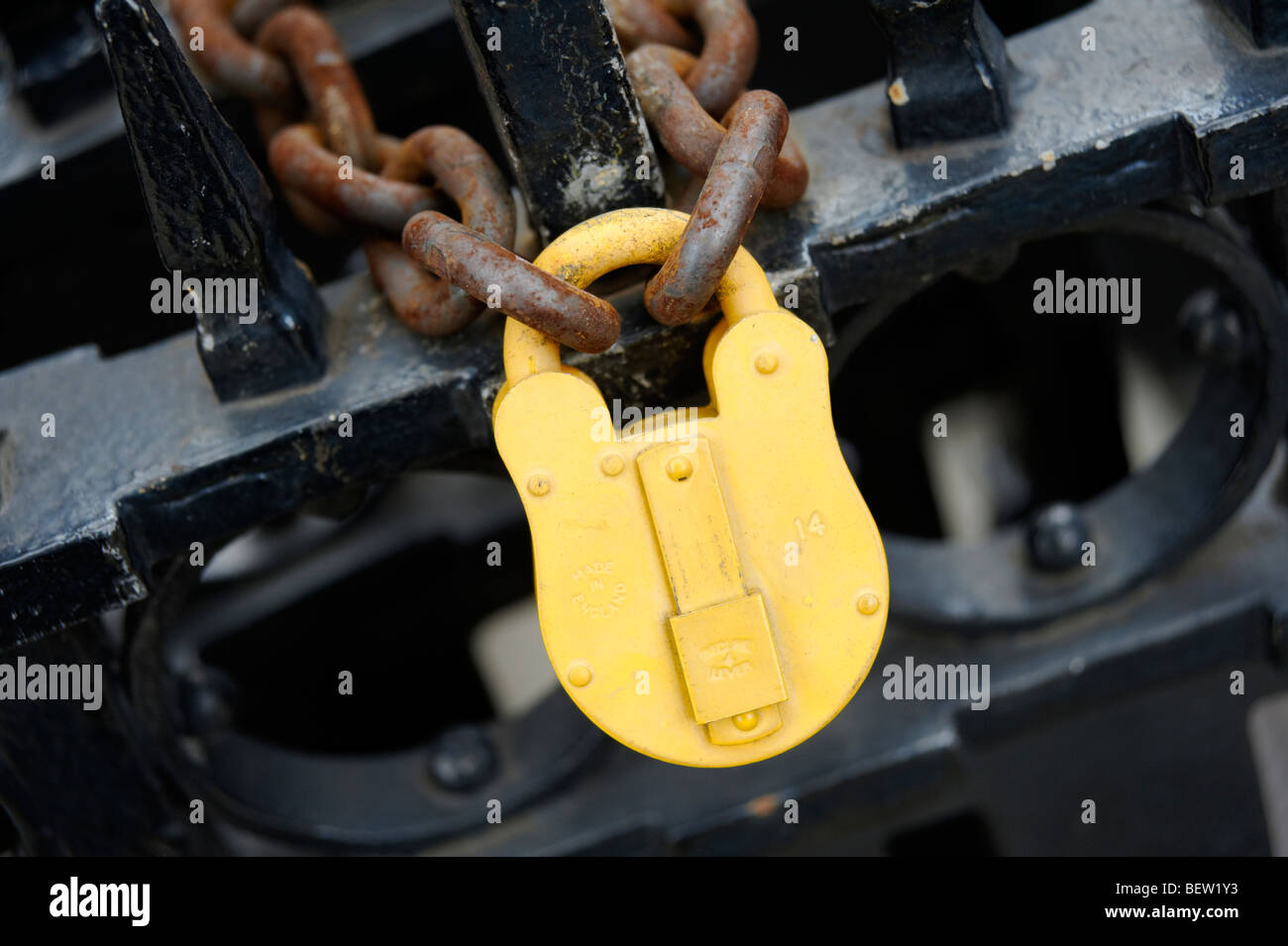 Padlock with rusty chain. London. Britain. UK Stock Photo