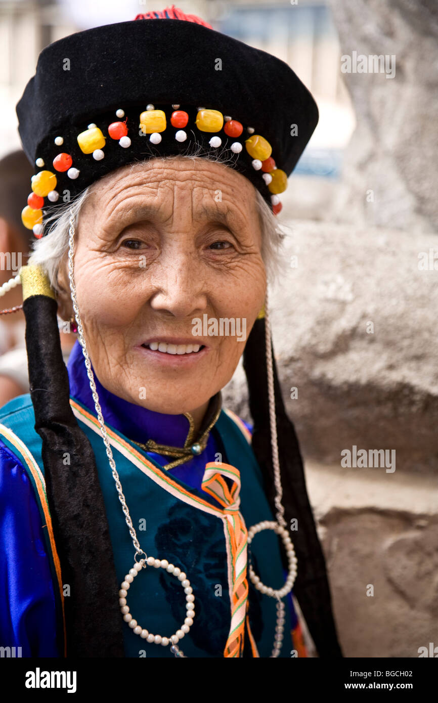 Mongolian woman in traditional garb at the Naadam Festival Ulaan Baatar Mongolia Asia Stock Photo