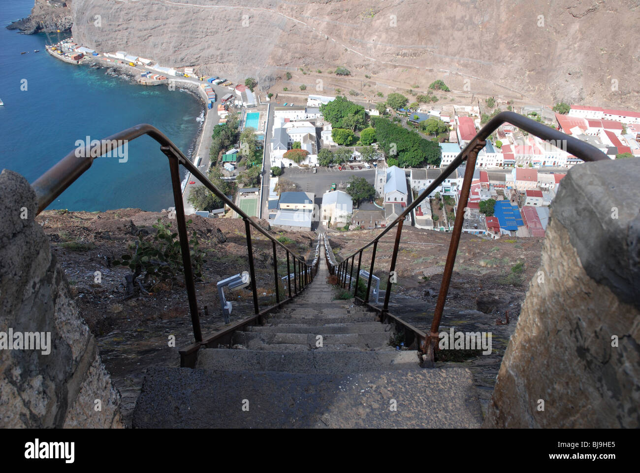 Jacobs ladder from the top, overlooking Jamestown, capital of Saint Helena Stock Photo