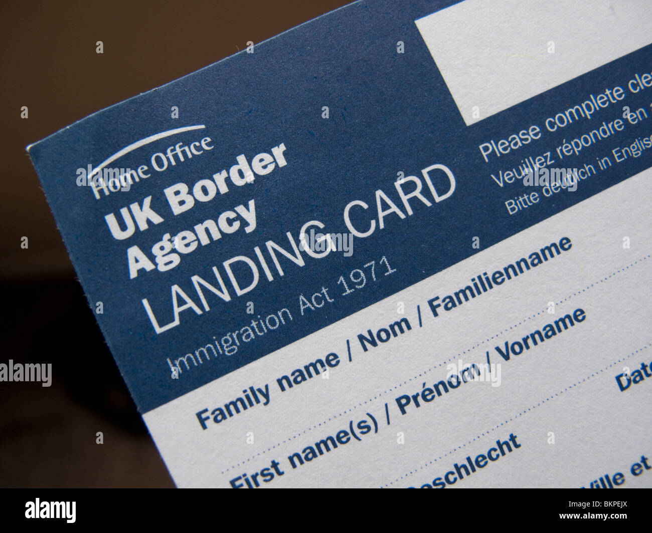 UK Border Agency Landing Card Stock Photo