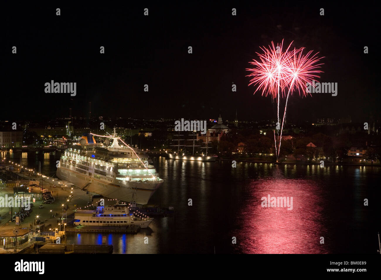 MS Europa and Fireworks, Europa's Beste 2006 Culinary Event, Stockholm, Sweden Stock Photo