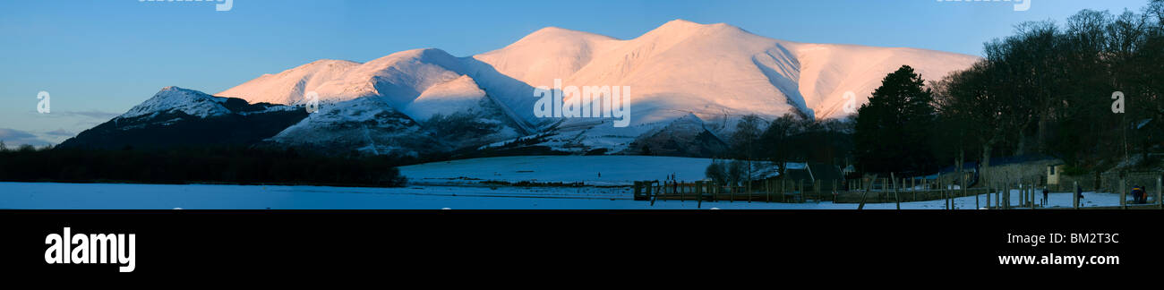 Panorama of Skiddaw at sunset in winter, over Derwent Water from near Keswick, Lake District, Cumbria, England, UK. Stock Photo