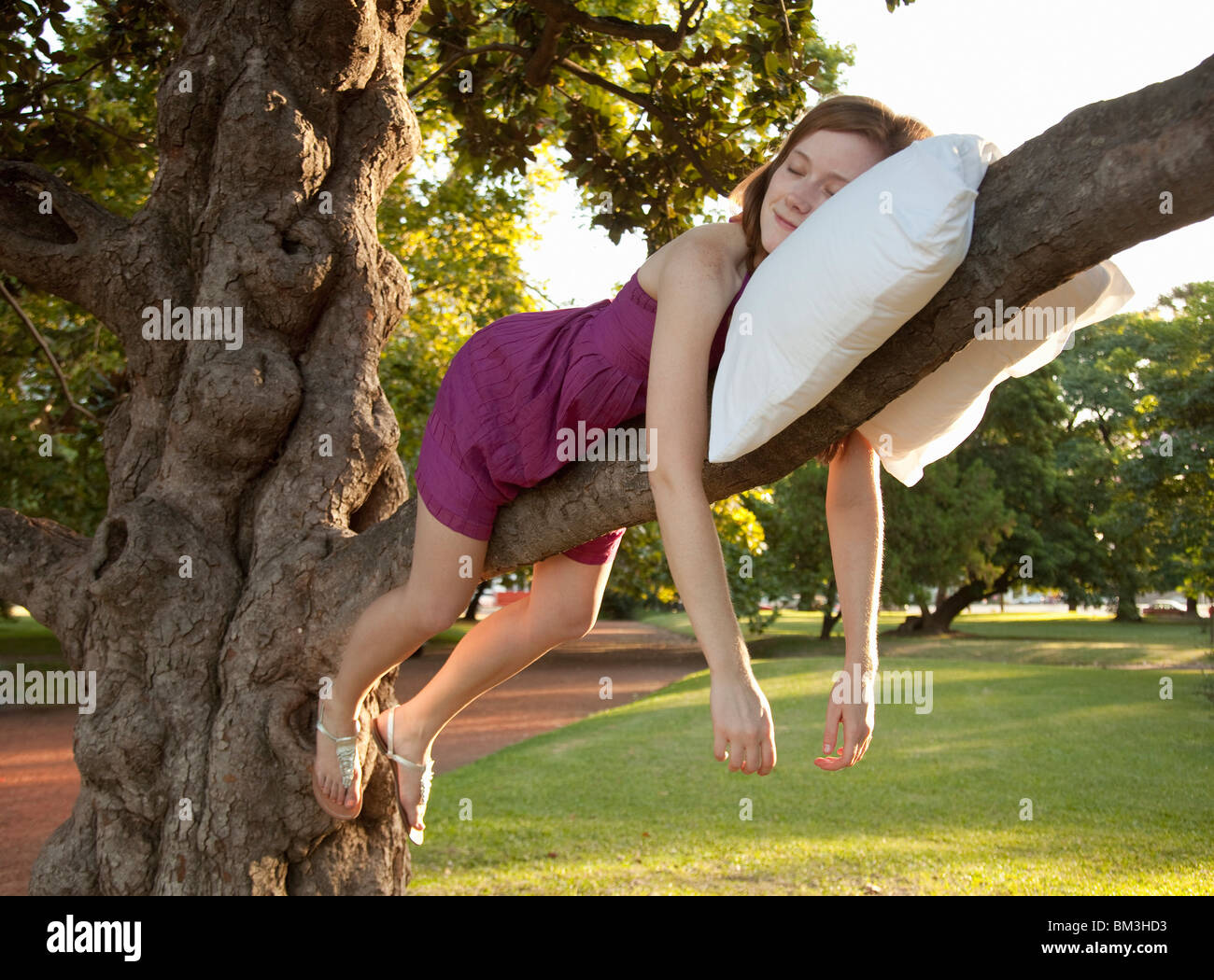 Young woman sleeping on a tree Stock Photo