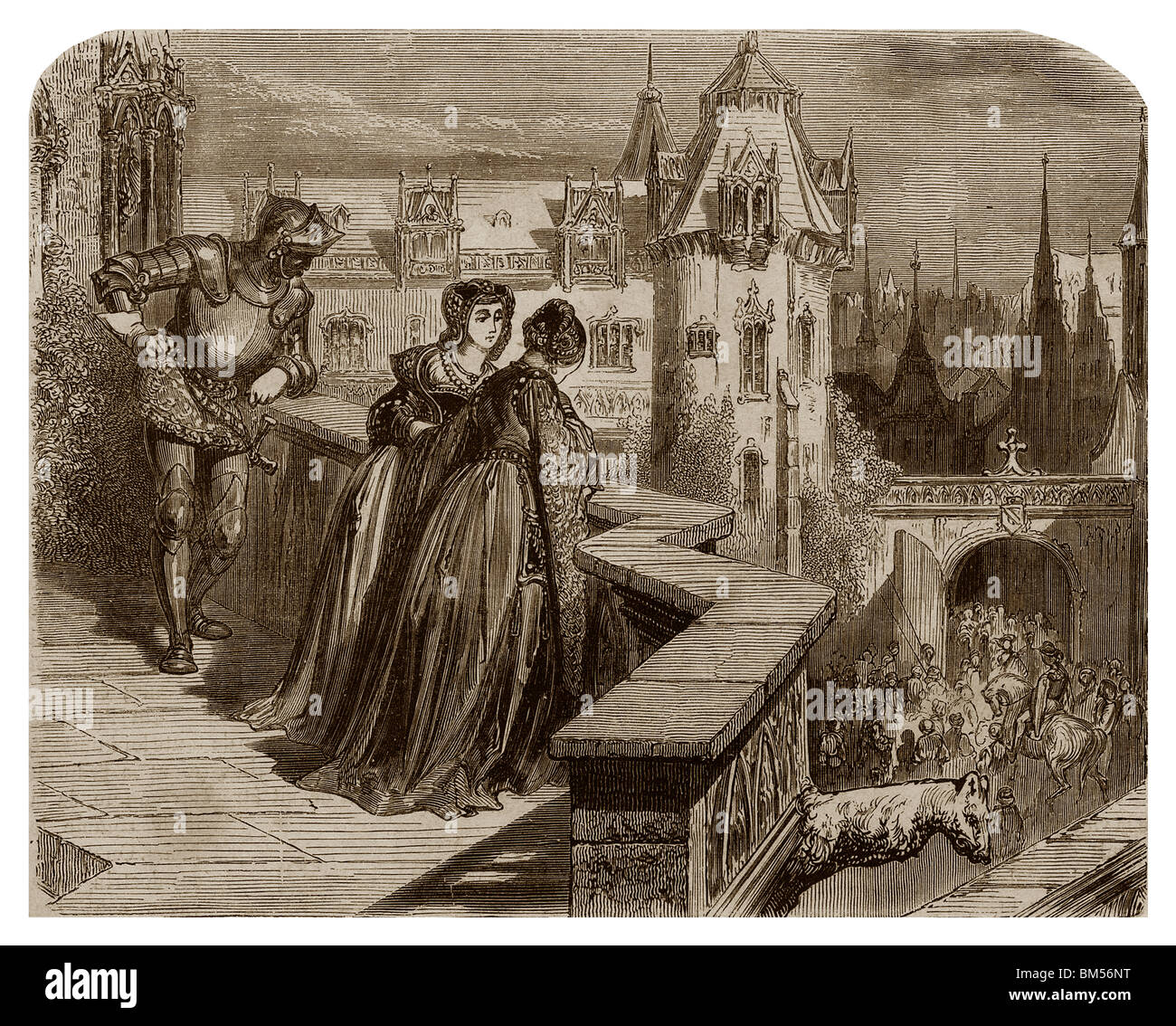 In 1313, in Paris, Isabella looked, from the top of a turret of the king palace, at the dressed up burghers procession. Stock Photo