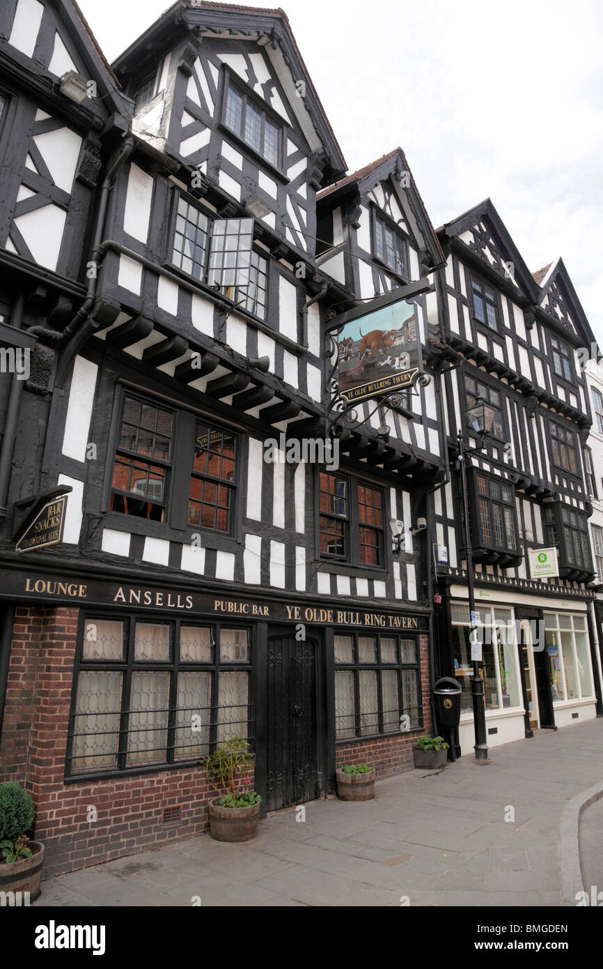 Facade of the Old Bull Ring Tavern the building dates from the 14th century Ludlow Shropshire UK Stock Photo