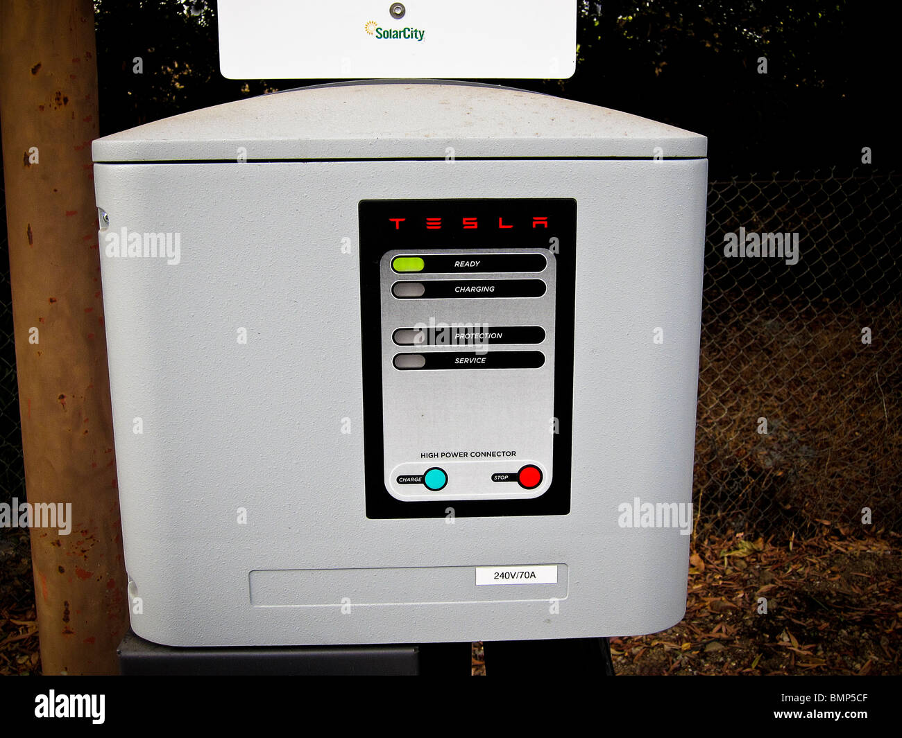 Tesla charging station box for electric vehicles, bank parking lot, Atascadero, California. Stock Photo