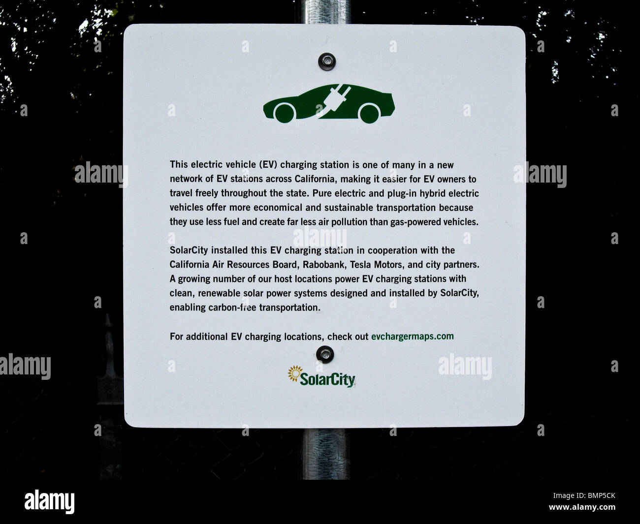 Charging station sign for electric vehicles, bank parking lot, Atascadero, California. Stock Photo