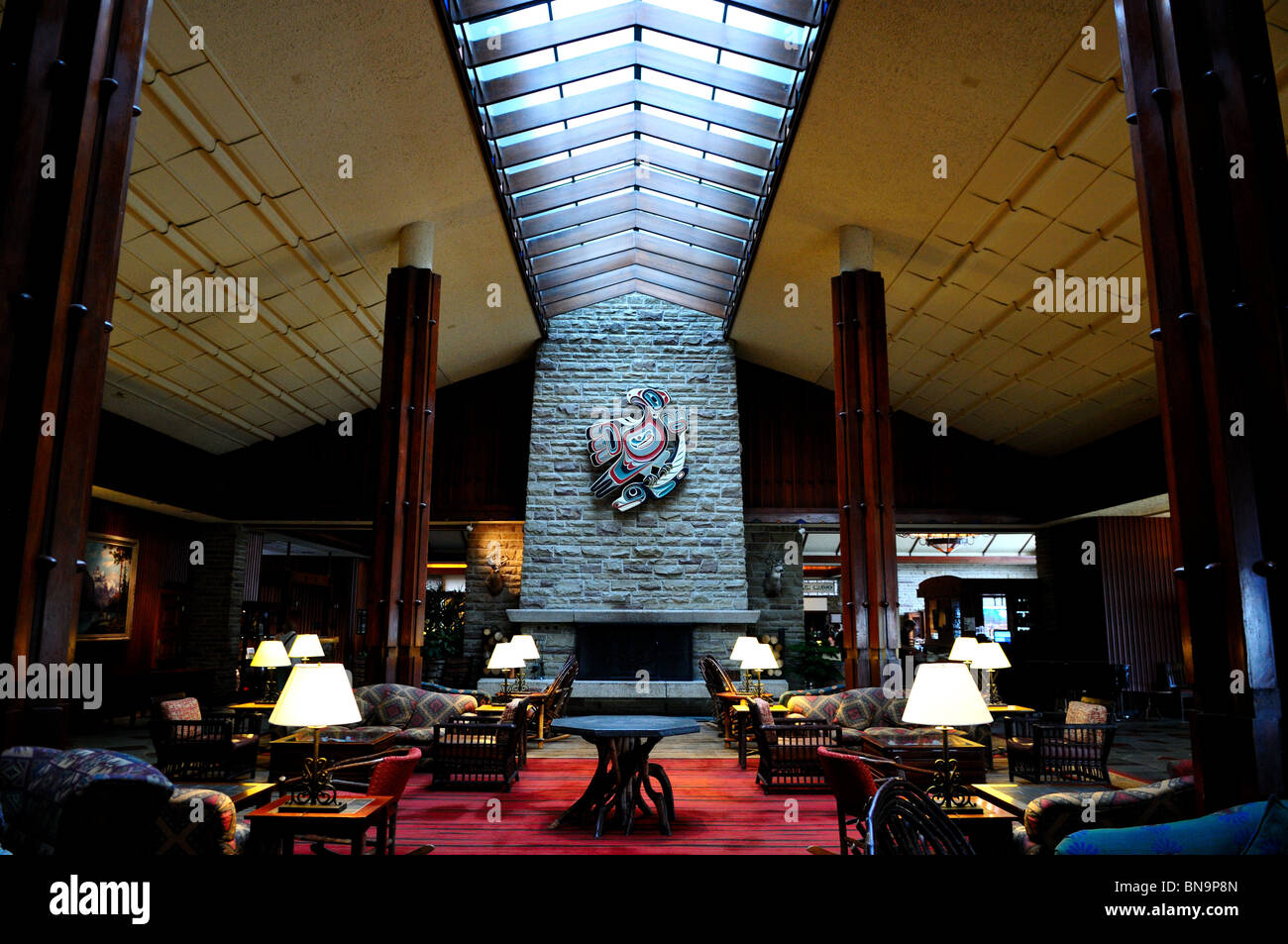 Hotel lobby, Fairmont Jasper Park Lodge. Jasper National Park, Alberta, Canada. Stock Photo