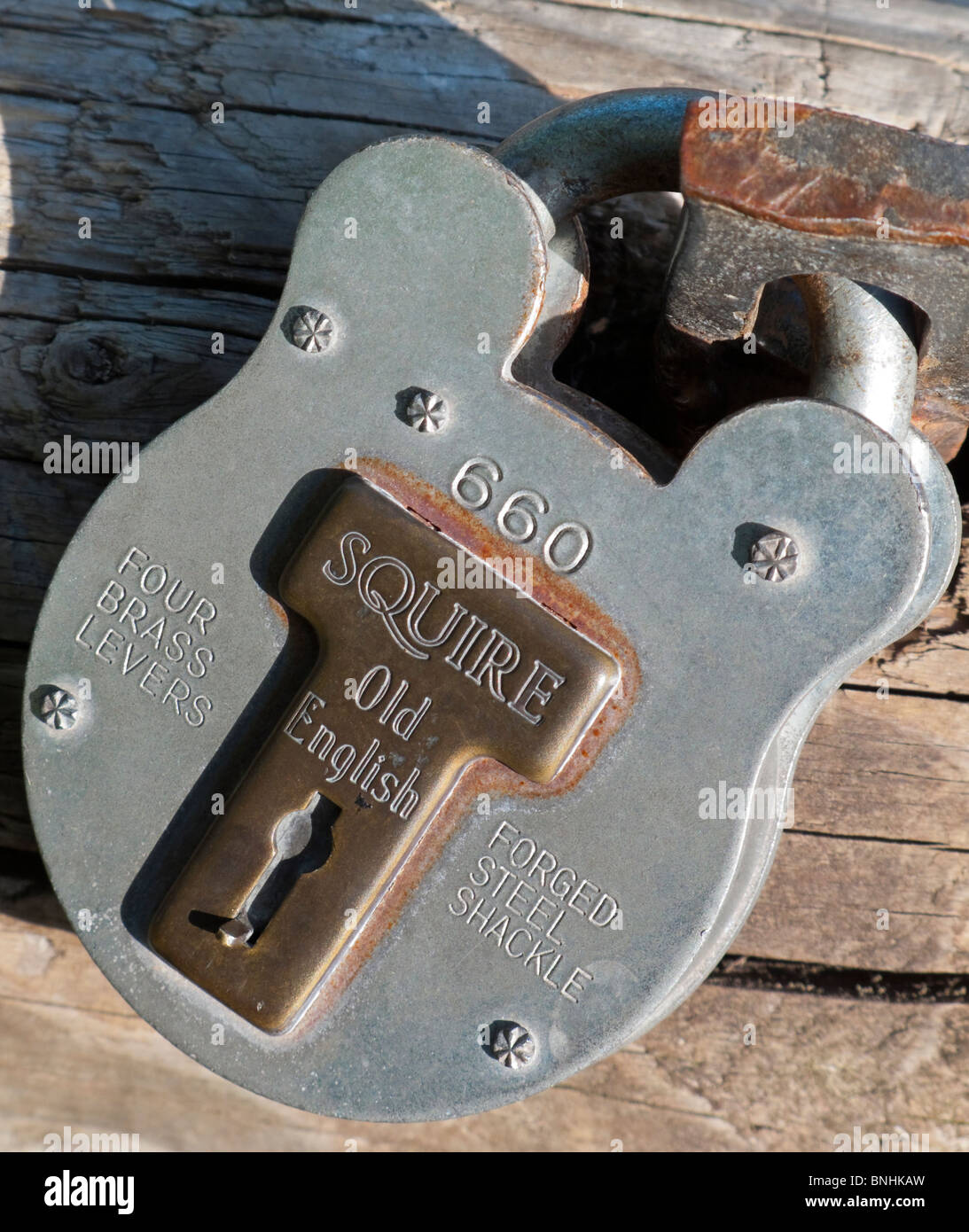 Close up view of Squire Old English metal padlock Stock Photo