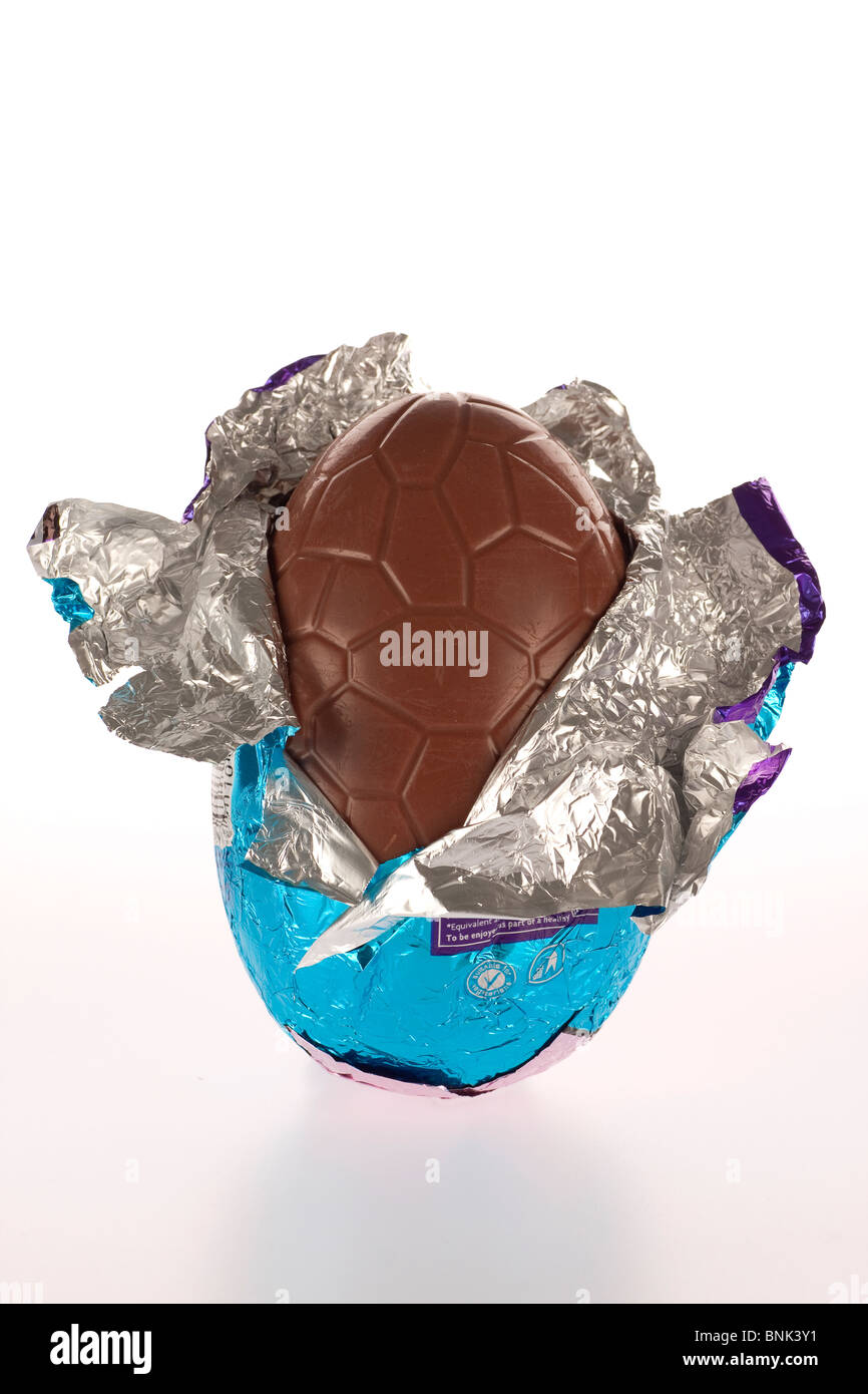 Milk chocolate Easter egg with silver & blue foil wrapper Stock Photo