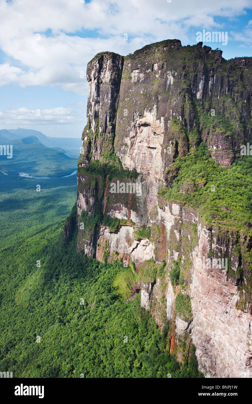 Tepuis are flat topped sand stone mountains with vertical flanks rising in elevation from 3000 meters over the forest Venezuela Stock Photo