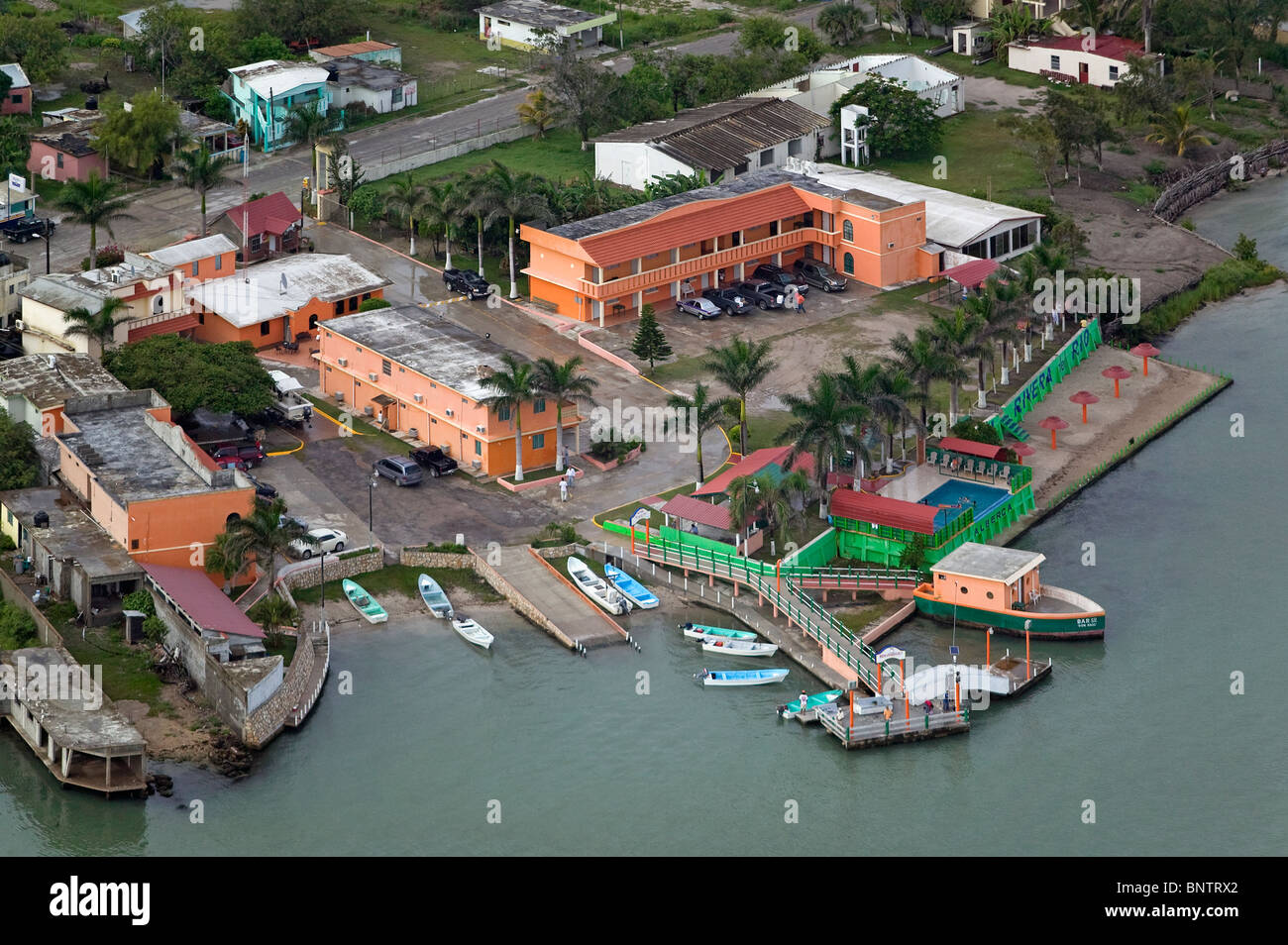 aerial view above Rivera del Rio hotel Río Soto La Marina river La Pesca Tamaulipas Mexico Stock Photo