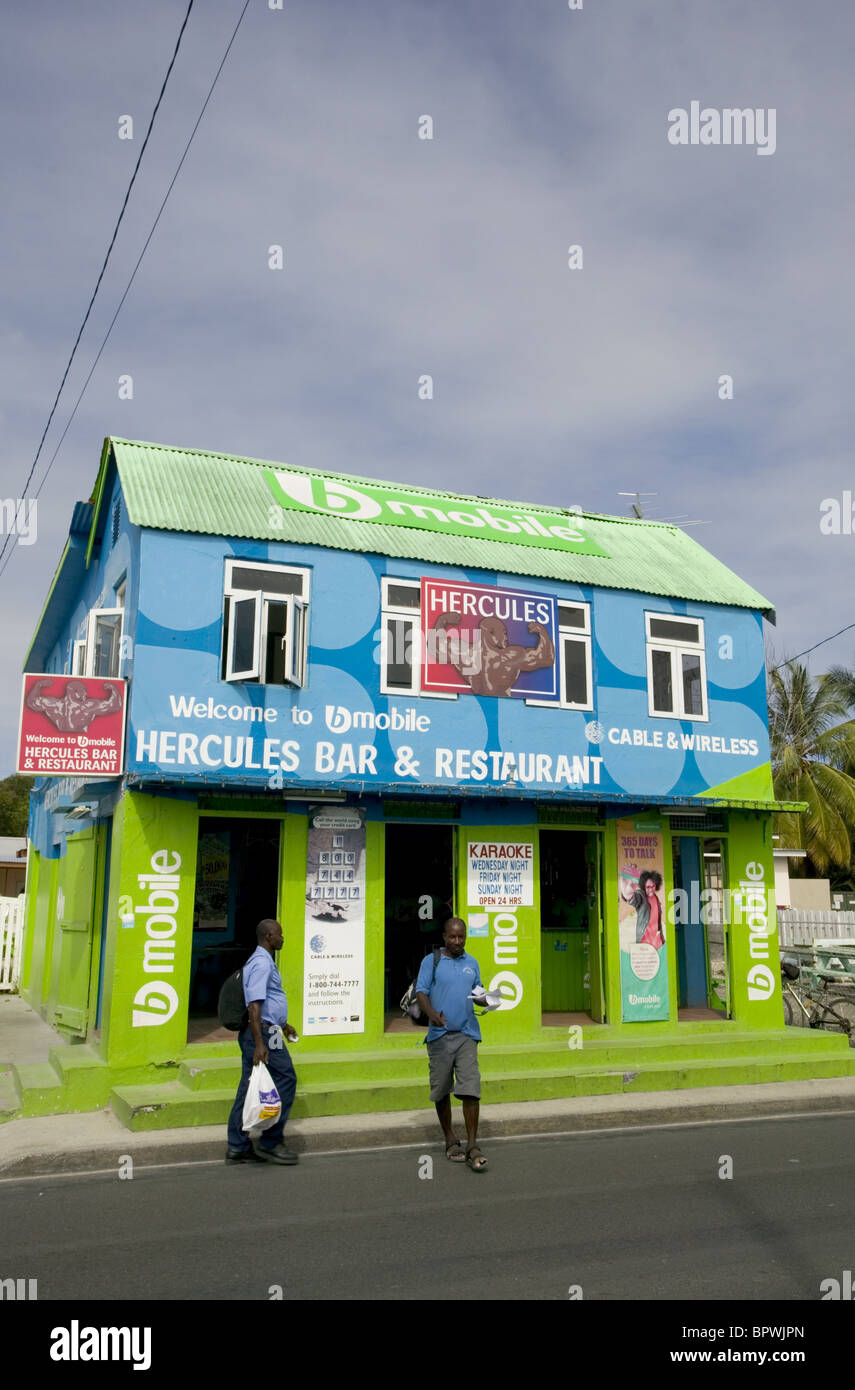 Colourful blue and green Rum-shop in Oistins in Barbados in the Caribbean Islands Stock Photo