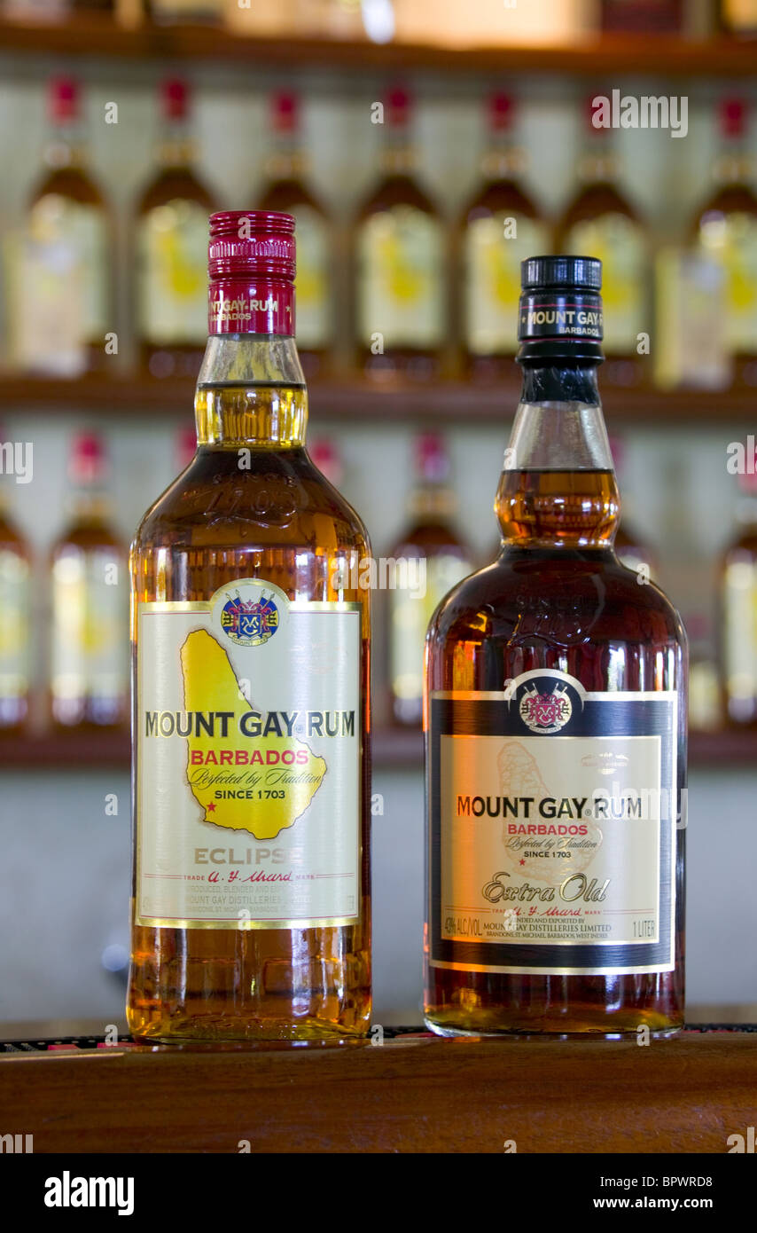 Two bottles of rum at Mount Gay Rum visitor centre in Bridgetown in Barbados in the Caribbean Islands Stock Photo